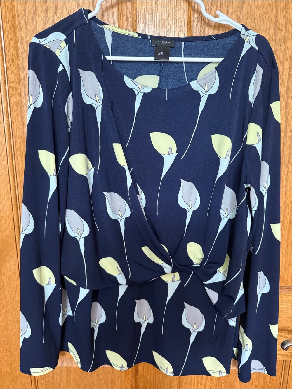 jcpenney Navy Floral Twist-Front Long Sleeve Blouse
